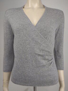 Ann Taylor gray silver metallic 100% Cashmere faux wrap V-neck sweater ladies XS